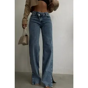 Cross Button Straight Jeans Blue