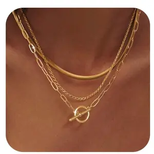Gold Layered Toggle Necklaces for Women: Dainty Gold Link Chain Necklaces Paperclip Cuban Rope Adjustable Choker T-Bar Toggle Clasp Chunky Necklace for Women Trendy Jewelry