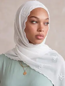 Embroidered Bow Headscarf, Geometric Print Design, Premium Chiffon Fabric, Breathable and Cool, Ideal for Daily Wear