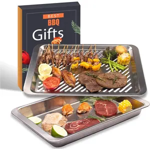 Grilling Prep and Serve Trays, Set of 2 Stackable Stainless Steel BBQ Trays Marinating Tray Serving Platter for Plating Food BBQ Prep Tub for Marinating Meats, Grill Accessories