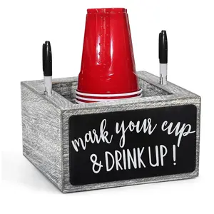 Wooden Cup Holder with Blackboard Markers, Party Tabletop Organizer, Reusable Signs, Coffee Mug Rack, Paper Cup Dispenser, Home Use, Table Organizers