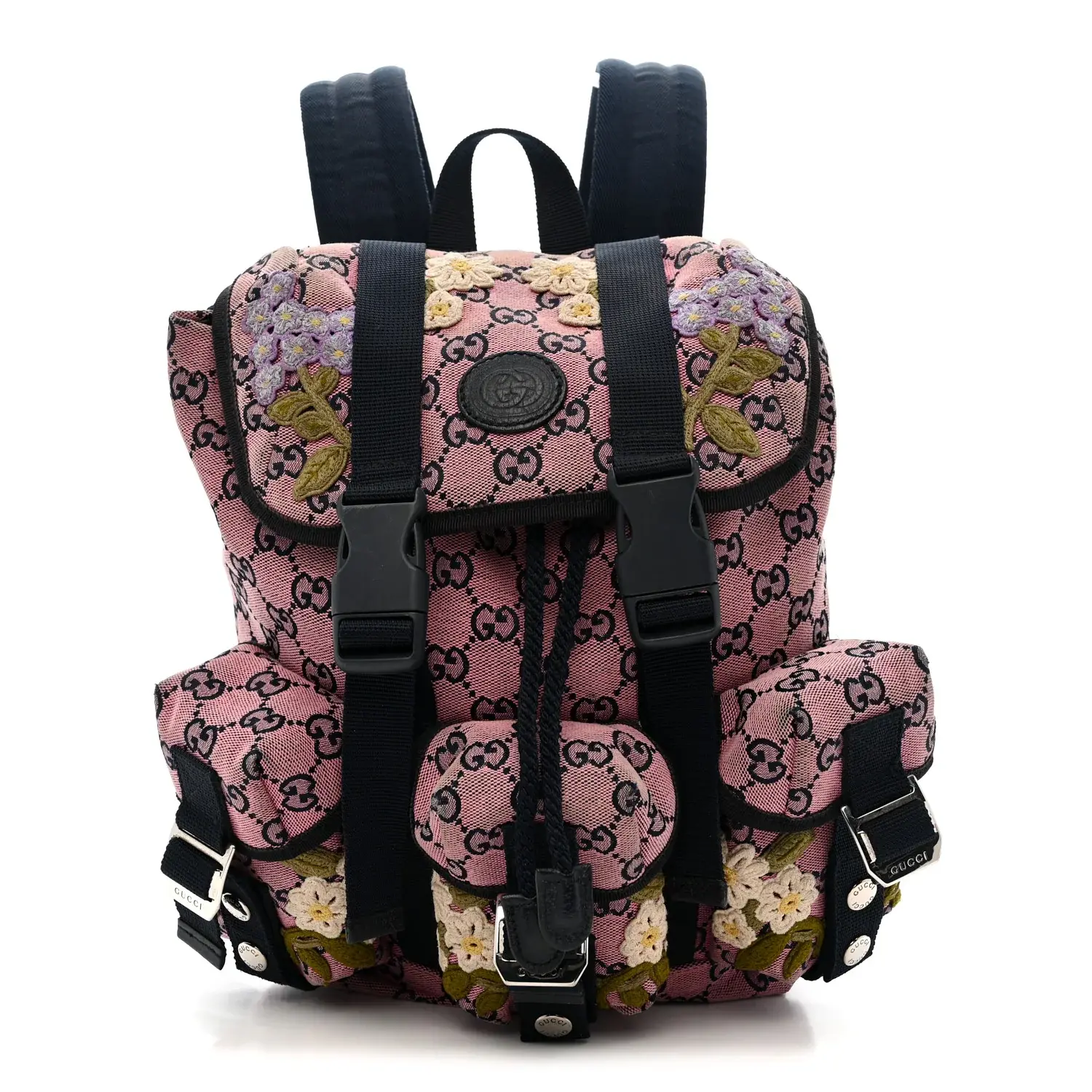 Pre-owned GUCCI canvas Backpacks Monogram Multicolor Floral Embroidered Large Retro Interlocking G Three Pocket Backpack Pink Blue Multicolor