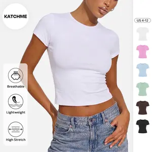 KATCH ME Women's Workout Solid Color Round Neck Short Sleeve Slim Top, Soft Stretchy Brushed Clothes, Athleisure Lightweight Quick Drying Yoga Top（3）