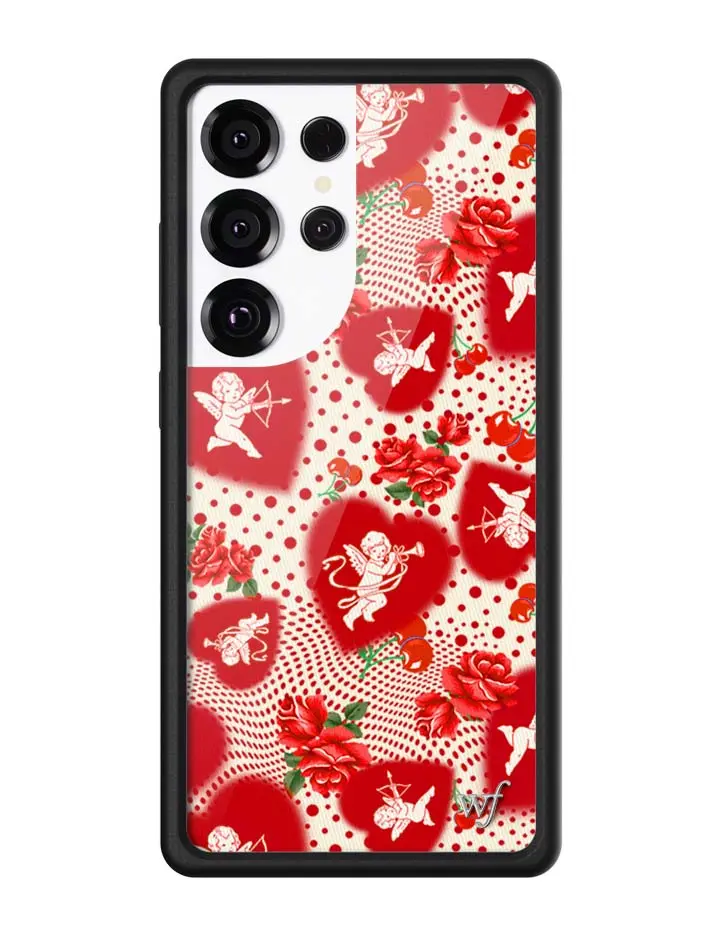 FLL Cupid Dot | Limited Edition Trendy Samsung Galaxy Case | Raised Protective Black Bumper | Women Owned Small Business | White Background Red Polka Dots and Red Hearts Cherries Roses | Safety Casing Protective | Gift for Her