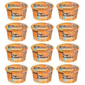 Nissin Top Ramen Chicken Instant Noodle Soup, 3.42 oz Bowl - 12 Pack