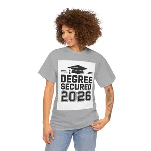 Men's Knit Charcoal Ribbed Cotton Fabric T-Shirt - Classic Soft Round Neck Shortsleeve Menswear, Degree Secured 2026 Graduation Cap Class of 2026 Casual Print Day Wear Tee