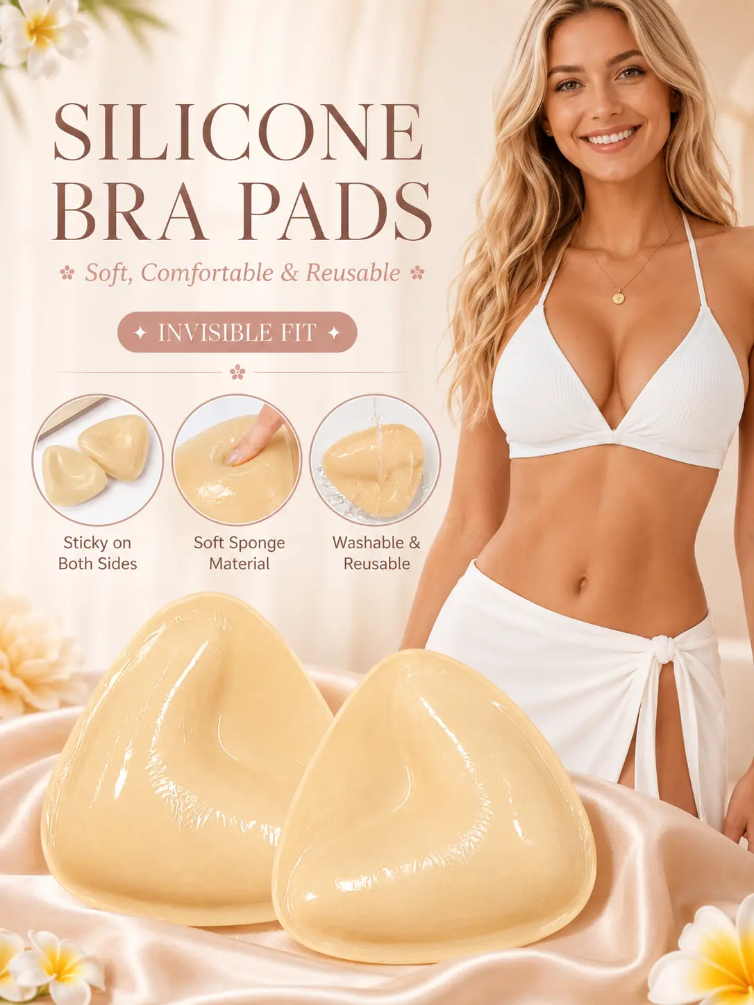 Triangle Silicone Bra Pads, Push Up Gel Inserts, Waterproof Reusable Breast Pads, Invisible Lift Cups, Seamless Natural Shaping Inserts, Fits Any Bra Bikini Enhancement, Lightweight Soft Support Pads, No Slip Adhesive Feel,No Show Bra Inserts