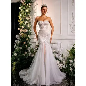 Elegant Romantic Gorgeous White 3D Three-Dimensional Flower Luxury Sequin Embroidery Tube Top Slim Fishtail Stitching Wedding Gown Wedding Dress Prom