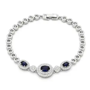Elegant Silver Tone Royal Blue Oval Double Halo Bracelet for Women Vintage Sapphire Style Geometric Link Chain Jewelry Party Anniversary Gift