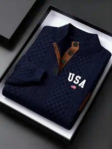 Men's Winter Knit Button Front Stand Collar Sweater, Vintage Texture Plaid Letter Pattern Shirt, Casual Outdoor Wear for Cold Weather