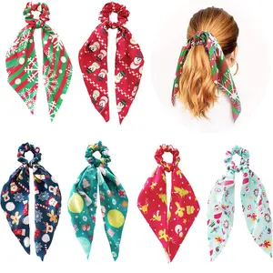 6 count Christmas Scrunchies for Hair Christmas Hair Scarf Hair Accessories, Holiday Hair Scrunchies Silk Hair Scarfs with Ribbon Bow for Woman Girls, snowman santa claus Elastic Hair Ties Ponytail Holder for Christmas Costume Party (Satin hair scarf)