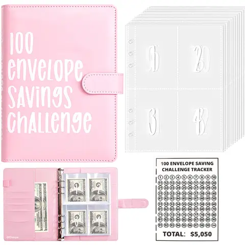 100 Envelopes Saving Challenge - A5 Money Saver Budget Binder Book with Cash Envelopes and Numbers, 100-Days of Easy and Funny Ways to Save $5,050 Cash Envelope Challenge Binder, Pink