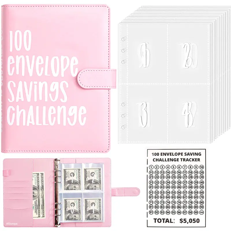 100 Envelopes Saving Challenge - A5 Money Saver Budget Binder Book with Cash Envelopes and Numbers, 100-Days of Easy and Funny Ways to Save $5,050 Cash Envelope Challenge Binder, Pink