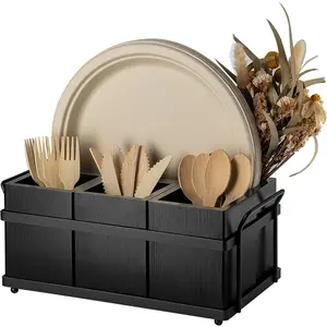 Black Wood Silverware Caddy Silverware Holder Paper Plate Dispenser Utensil Caddy Cutlery Flatware Organizer Box for Spoons Forks Plates Napkins