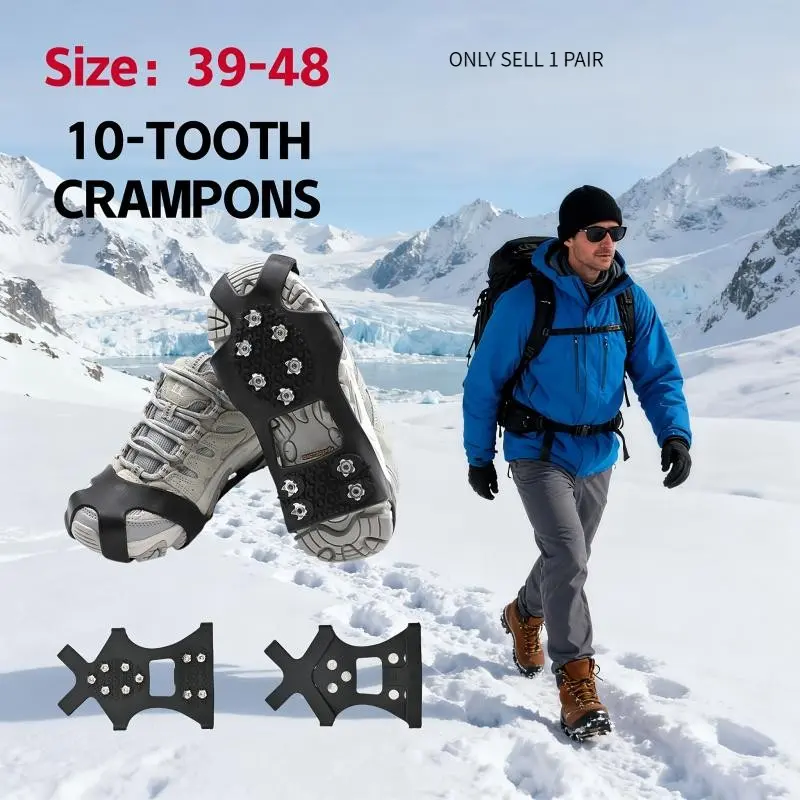 10-Toe Anti-Slip Ice Climbing Crampons with 10 Steel Studs - Heavy-Duty Manganese Steel for snow Grips, Non-Slip Winter Shoes for Ice Climbing, Hiking, Running, Skiing