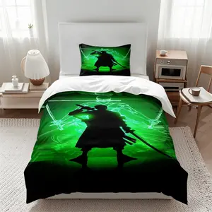 Roronoa Zoro Duvet Cover Set (2/3-Piece, 1 Duvet Cover + 1-2 Pillowcases, No Comforter/Pillow Inserts), Green Glow Silhouette Three-Sword Style Print, Soft Microfiber, Epic Bedroom Decor, Ideal Gift for Anime Fans, Bedroom Bedding Set