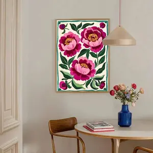 1pc Unframed Pink Peonies Flower Boho Wall Art Poster Canvas Print Minimalist Botanical Floral Abstract Vintage Painting For Dorm,Apartment,Living Room,Modern Home Decoration