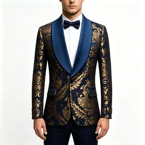 Men's Luxury Navy & Gold Brocade Tuxedo Jacket - Slim Fit Satin Shawl Lapel Blazer for Prom, Wedding, Formal Events