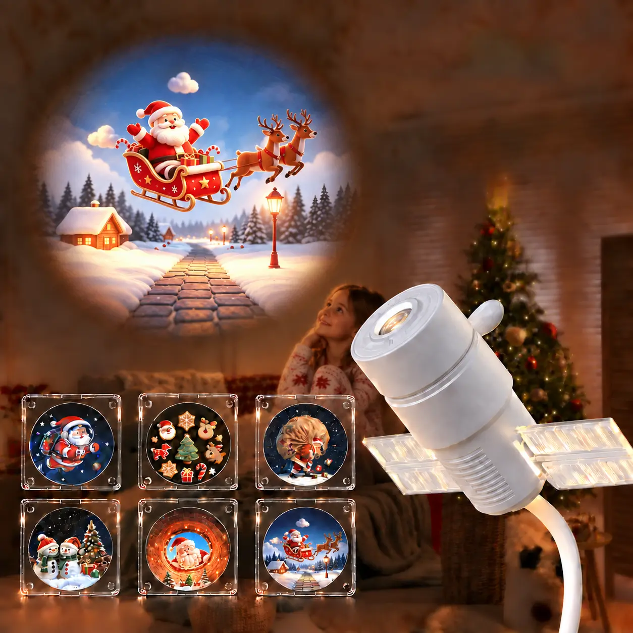 HD Christmas Projector Lamp with 6 Interchangeable Slides, USB-A Powered Satellite Night Light, Touch Control, Santa in Chimney Wall Projection