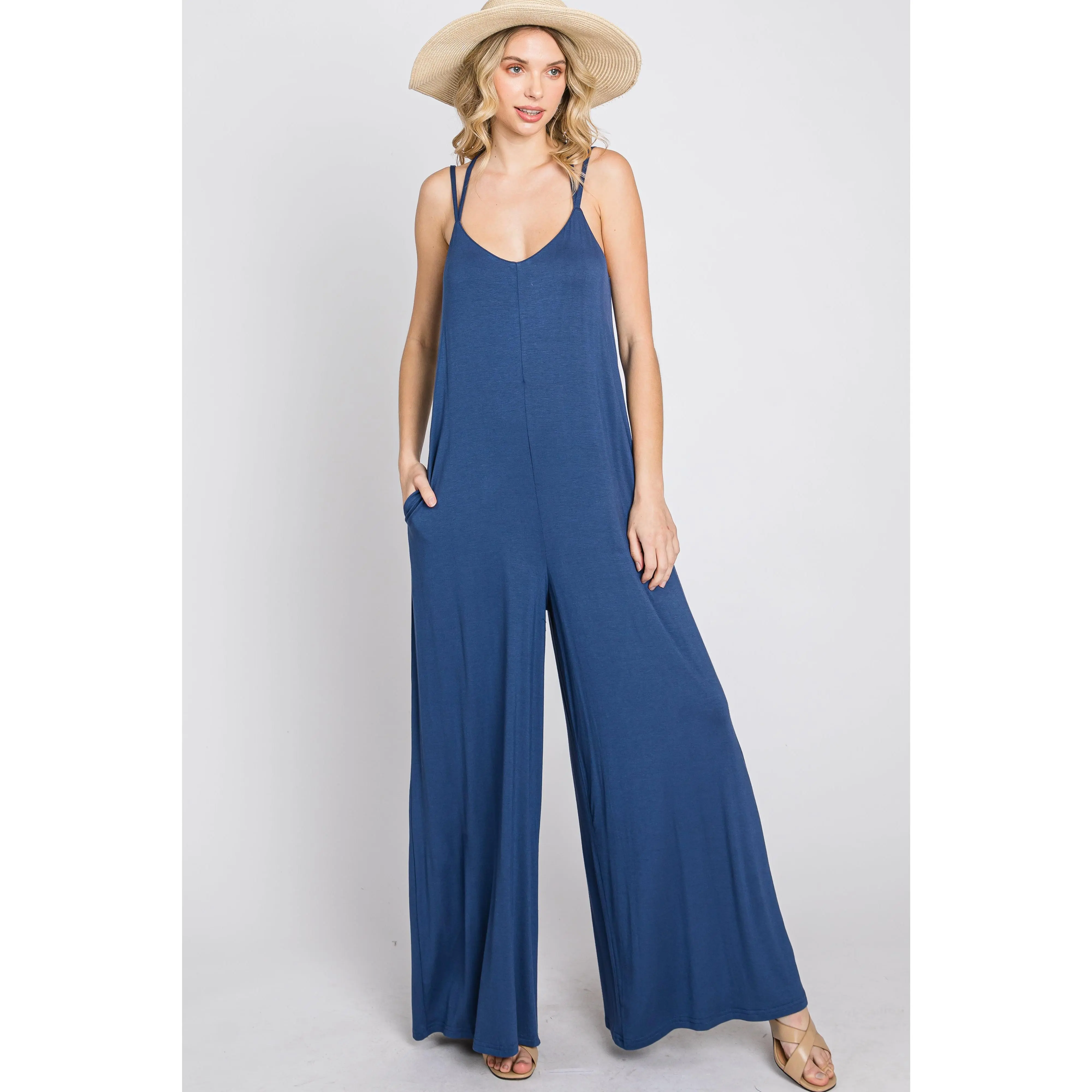 Women's Modest Islamic Full-Length Wide Leg Jumpsuit - Sleeveless Blue Cross-Back, Plain Chic Casual Modern Muslim Clothes with Wide Leg Pants Design