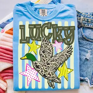Comfort Colors Striped Lucky Duck Shirt, Funny Camo Animal Tee, Retro Summer Coastal Preppy Stripes Lucky Apparel Tshirt