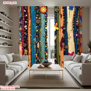 2D Flat 2Pcs Bohemian Vertical Stripes & Beads Print Curtains, Vibrant Decorative Drapes for Living Room Bedroom, Artistic Window Treatment Panels, Semi-Sheer Rod Pocket Curtain, Modern Home Decor, Unique Style Design Light Filtering