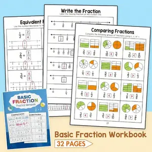 Basic Fractions Practice Workbook for Grades 3-5, Fun Math Skills Development, 32 Pages, Colored Illustrations, Essential for Home Schooling