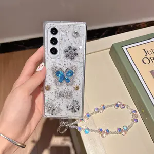 Blue Butterfly Glitter Love Transparent Flip Phone Case, Samsung Zfold3/zflip3-7, Luxury High-End Full Coverage, Girl Protective Cover