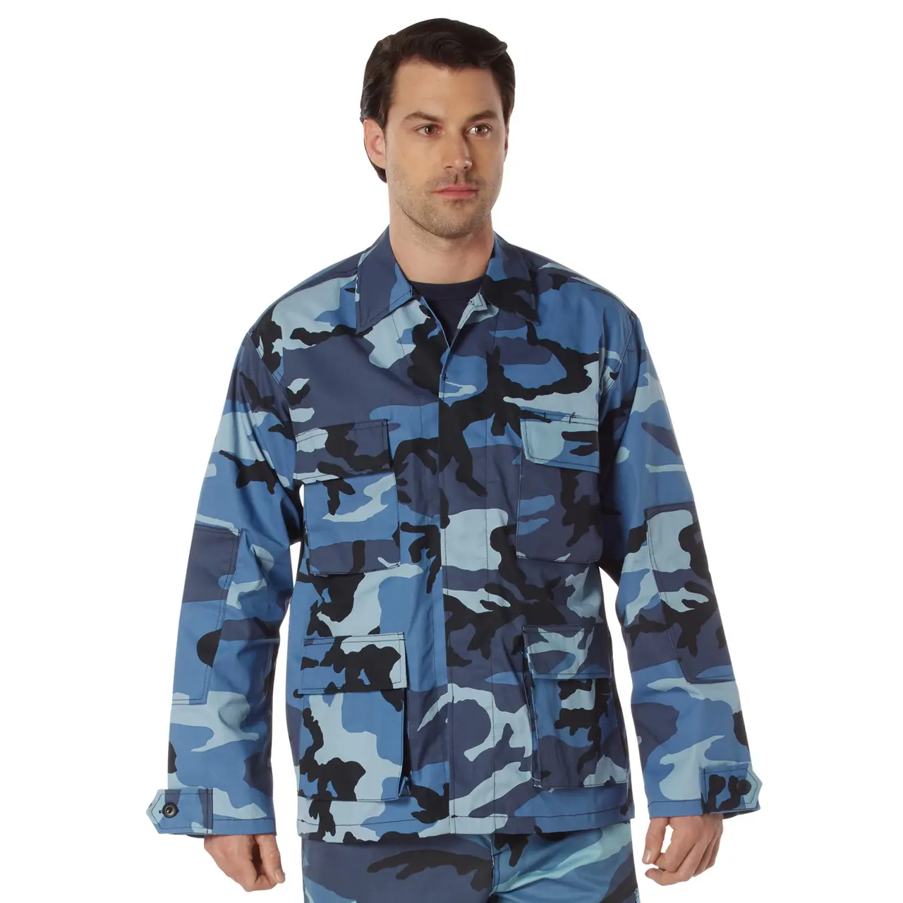 Men's Sky Blue Camouflage Polyester-Cotton Military BDU Shirt - Tactical Workwear Uniform with Pocket, Button Clothes, Reinforced Elbows, Adjustable Button Tab Cuff, Convenient Pencil/Small Tool Holder, Double Stitched Seams