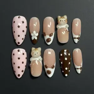 CAT COFFEE BEAN | 3D Kawaii Press On Nails | Brown French Tip Polka Dot Fake Nails | Cozy Cafecore Aesthetic | Cute Kitten Almond Set 2026
