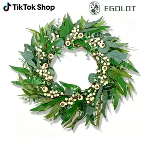 Egolot 24-in Round Artificial Flower Wreath - Silk Spring Eucalyptus Olive Leaves White Berries Water Absorbent Greenery for Front Door Room Decoration & Ornaments Indoor-Outdoor Home Gift