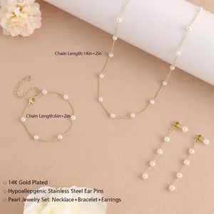 3 Pcs Women Gold Pearl Jewelry Set DaintyPearl Necklace Bracelet and Earring Set for Wedding Fashion Accessories