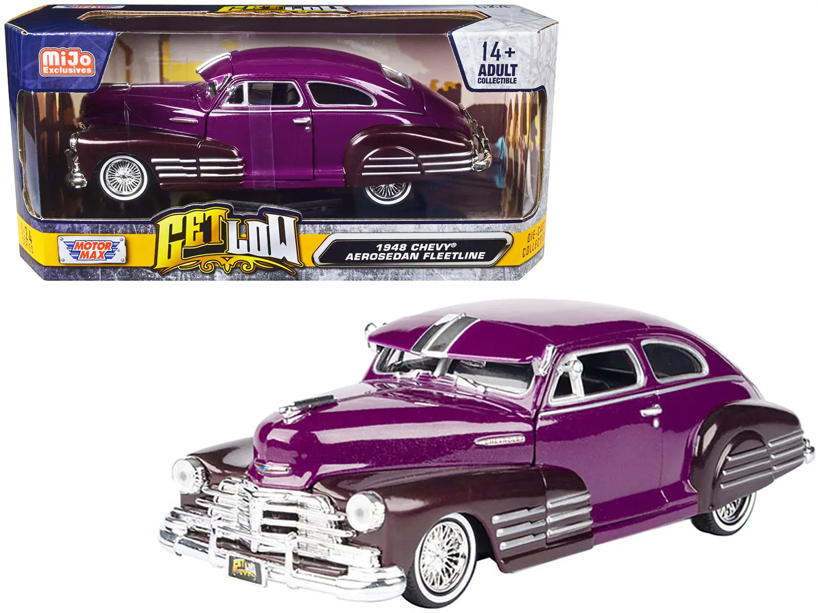 1948 Chevrolet Aerosedan Fleetside Lowrider Purple Metallic and Dark Purple Met. Two-Tone 1/24 Diecast Model Car by Motormax