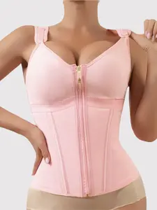 1 Count Plain Color Corset Tops Women, Wide Strap Zipper Tummy Control Shaperwear Tops, Hooks Adjustable Waist Trainer Girdle Corset, Compact Waistline Shapewear, Hourglass Self-cultivation Curves Vest, Suitable For Daily, Sport, Yoga