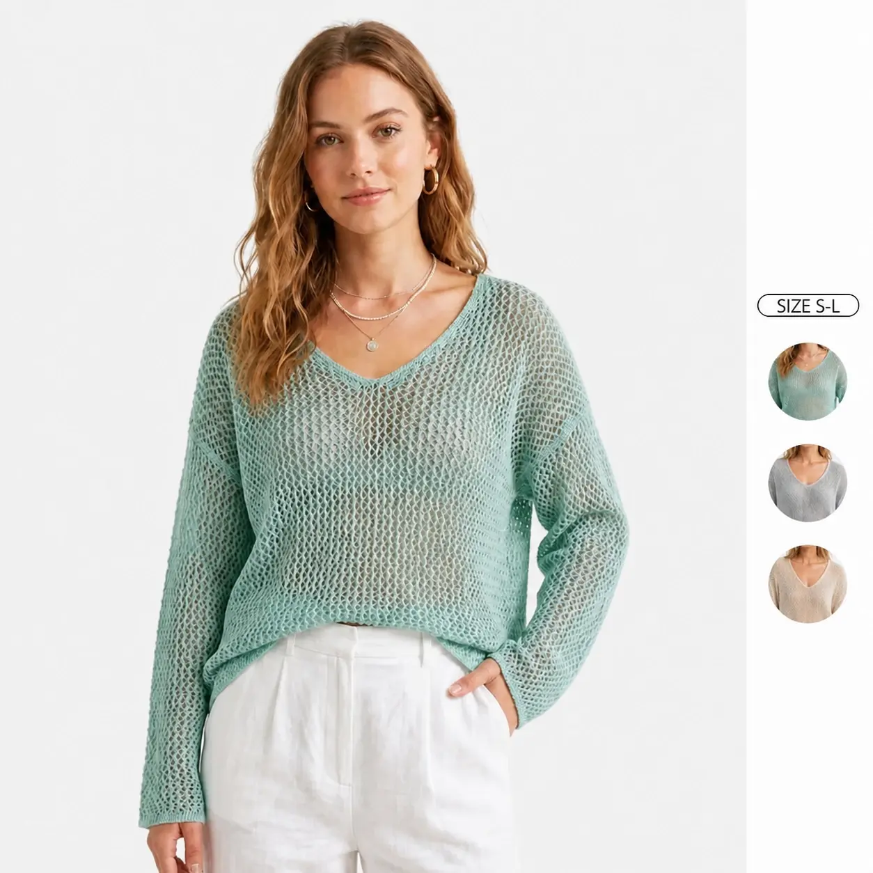 Women's Emerald Mesh Knit Pullover Top, Breathable Loose-Fitting Long Sleeve Summer Sweater, Soft Stretchy Beach Cover Up