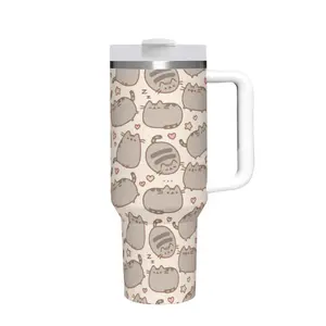 40oz Insulated Mug, Full Pusheen Cat colorful with intricate patterns Insulated Tumbler,Double-Wall Vacuum Insulated Stainless Steel with Straw Lid & Handle, Leak-Proof Thermal Mug Keeps Drinks Hot 12H and Cold 24H, Valentines Birthday Gift