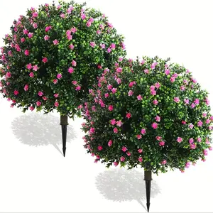 Red Accented Artificial Boxwood Topiary Ball, 22 Inch Faux Plant with Ground Stakes for Permanent Garden & Yard Decor