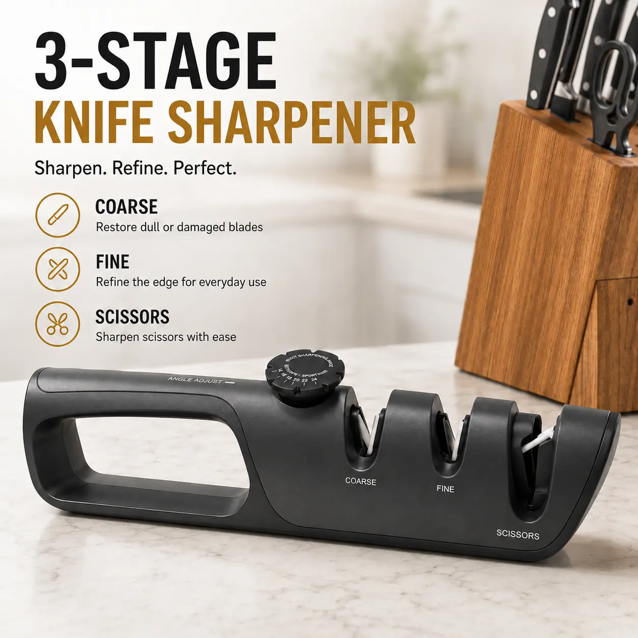 Manual Kitchen Knife Sharpener with Multiple Sharpening Slots, Non-Slip Base and Ergonomic Handle for Straight-Edge Kitchen Knives