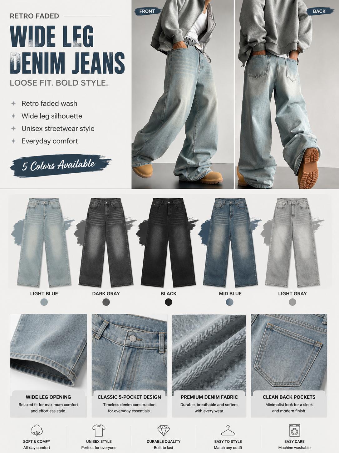 Vintage Washed Baggy Jeans for Men Women, Loose Fit Wide Leg Denim Pants, Y2K Streetwear Straight Leg Trousers, Retro Distressed Casual Jeans with Pockets, Unisex Hip Hop Skater Pants for Daily Wear, Travel, Party and Urban Outfits Everyday Wear