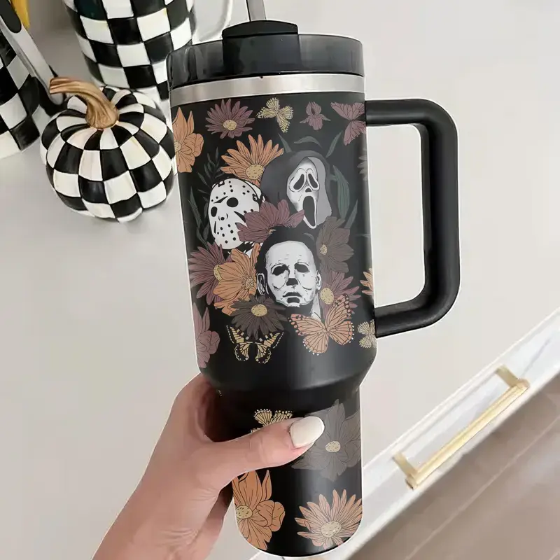 Horror Characters Tumbler 40oz With Handle, Straw and Lid, Halloween Tumbler 40oz, Scary Movie Tumbler, Halloween Themed Insulated Tumbler