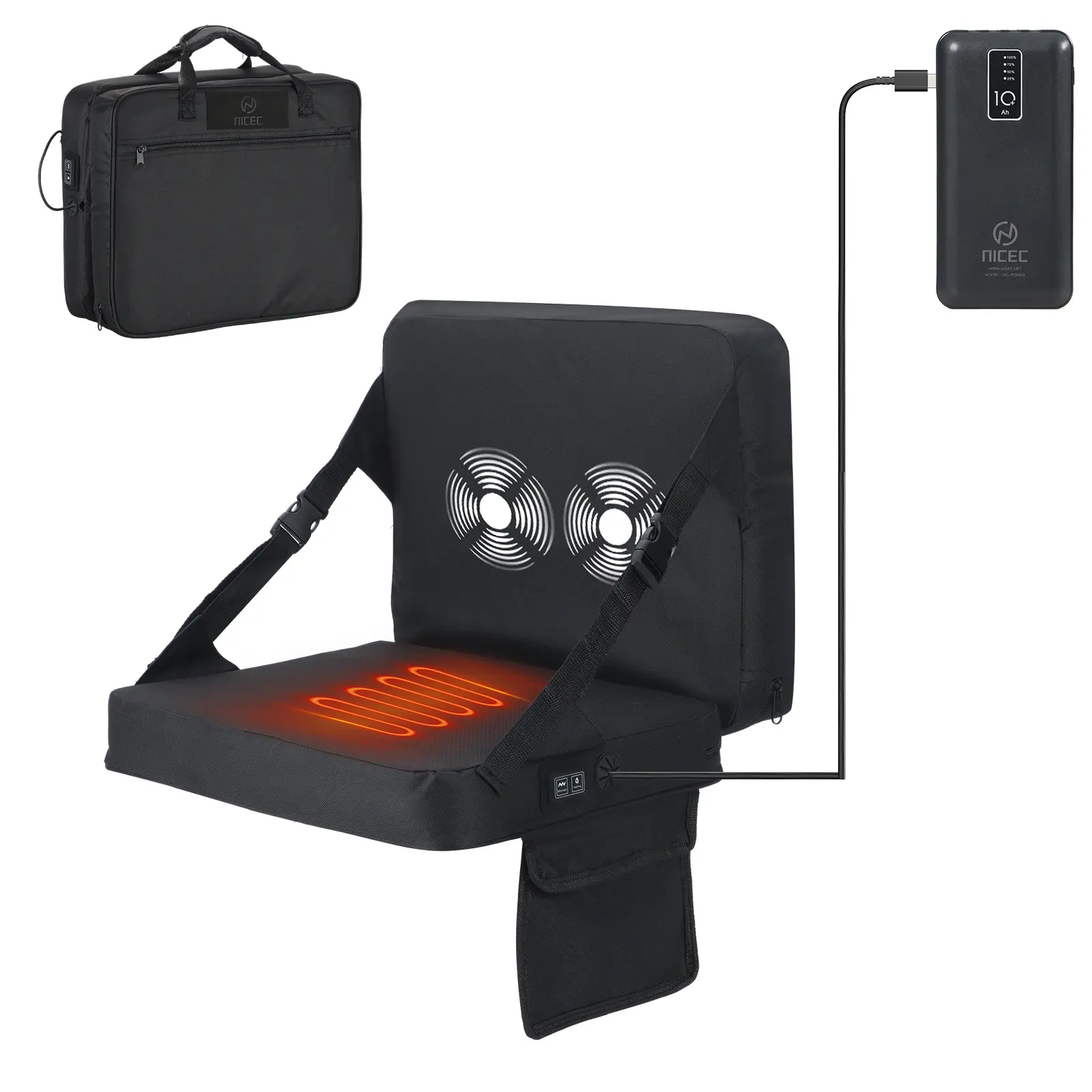 Lightweight Heated Stadium Seat Cushion with Backrest, Adjustable Heat, Built-In Soothing Features, Carry Handle, Pockets, and Zippered Storage Compartment