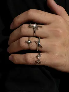 Y2K Fashion Retro Asymmetrical Couple Rings Set, Rhinestone Star Design, Artificial Zircon Ring, Perfect Gift for Holiday Parties, Vacations, Dates, Daily Wear, Stacking Ring Set