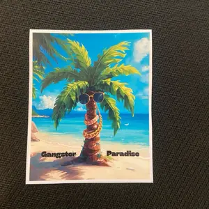 Gangster Paradise Vinyl Stickers Set Of 4 - Large Tropical Paradise Design with Sunglasses and Chain on Palm Tree