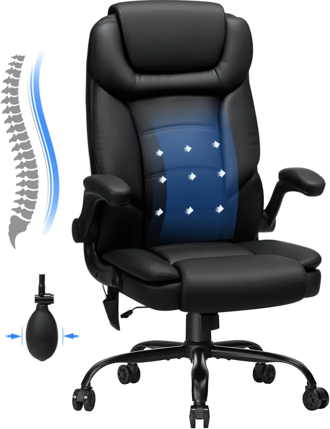 HOFFREE Big and Tall Office Chair 450lbs Heavy Duty Executive Desk Chair with Adjustable Lumbar Support High Back Ergonomic Home Computer Leather Chair with Padded Flip-up Arms for Heavy People,Black