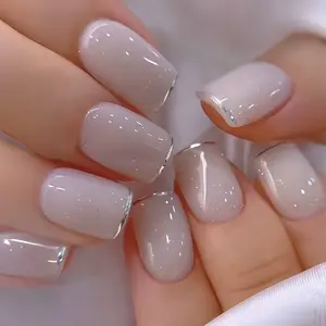 24pcs Square Press-On Fake Nails with Glossy Finish, Short Length Luxury Nude Color with Silver Color Glitter Edge, Glitter Decorative Nails, Easy to Apply, Lasting Quality Nail Art, Glittering Fake Nails