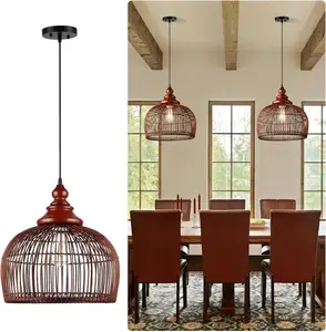 Rattan Pendant Light Kitchen Island, 15.8" Boho Hand-Woven Wicker Chandelier Farmhouse Hanging Ceiling Light for Dining Living Room