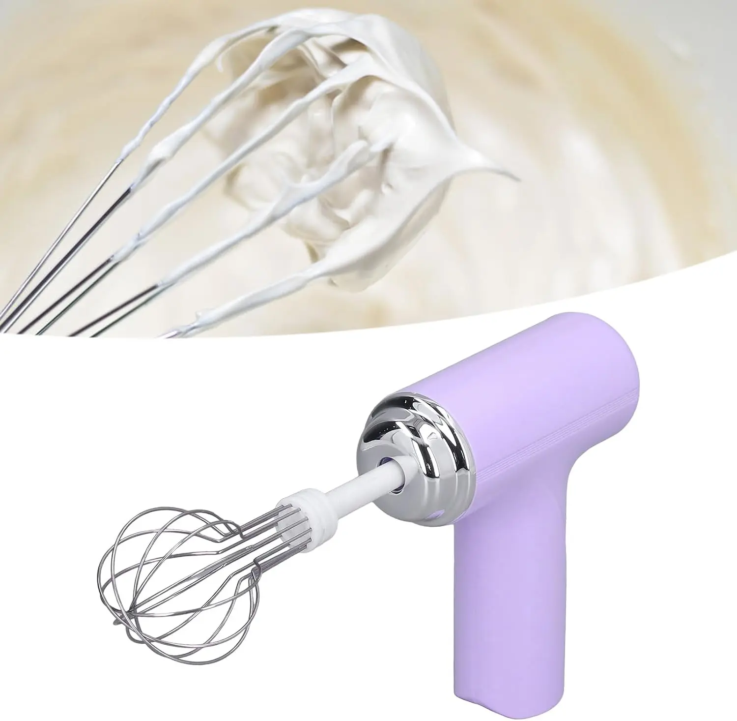 Cordless Hand Mixer, Handheld Electric Whisk with 3 Speed Modes, Hand Held Egg Beater with 2 Detachable Stir Whisks (White/Purple)