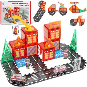 deAO Magnetic Tiles Kids Construction Toys for Boys Age 3-5 4-8 8-10,  STEM Magnetic Building Construction Toys Include Car,Stations,Dolls,Roads,Signs, Birthday Gifts for 3+ Kids, #Summer Vibes