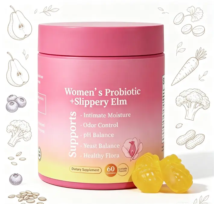 Feminine Balance Probiotic Gummies Her Juicy 60ct Hawaiian Pineapple Flavor, Slippery Elm plus Prebiotics, Easy Edible Supplement for Women’s Gut & Intimate Wellness