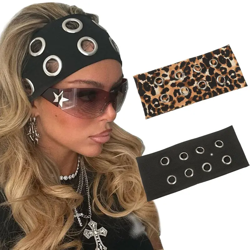 AWAYTR Women's 2-Piece Bando Headbands - Metal Eyelets, Hollow-Out, Elastic Wide, Harajuku Fashion Chic Headbands for Daily Use, Colorful Hair Styling Accessories for Hiking